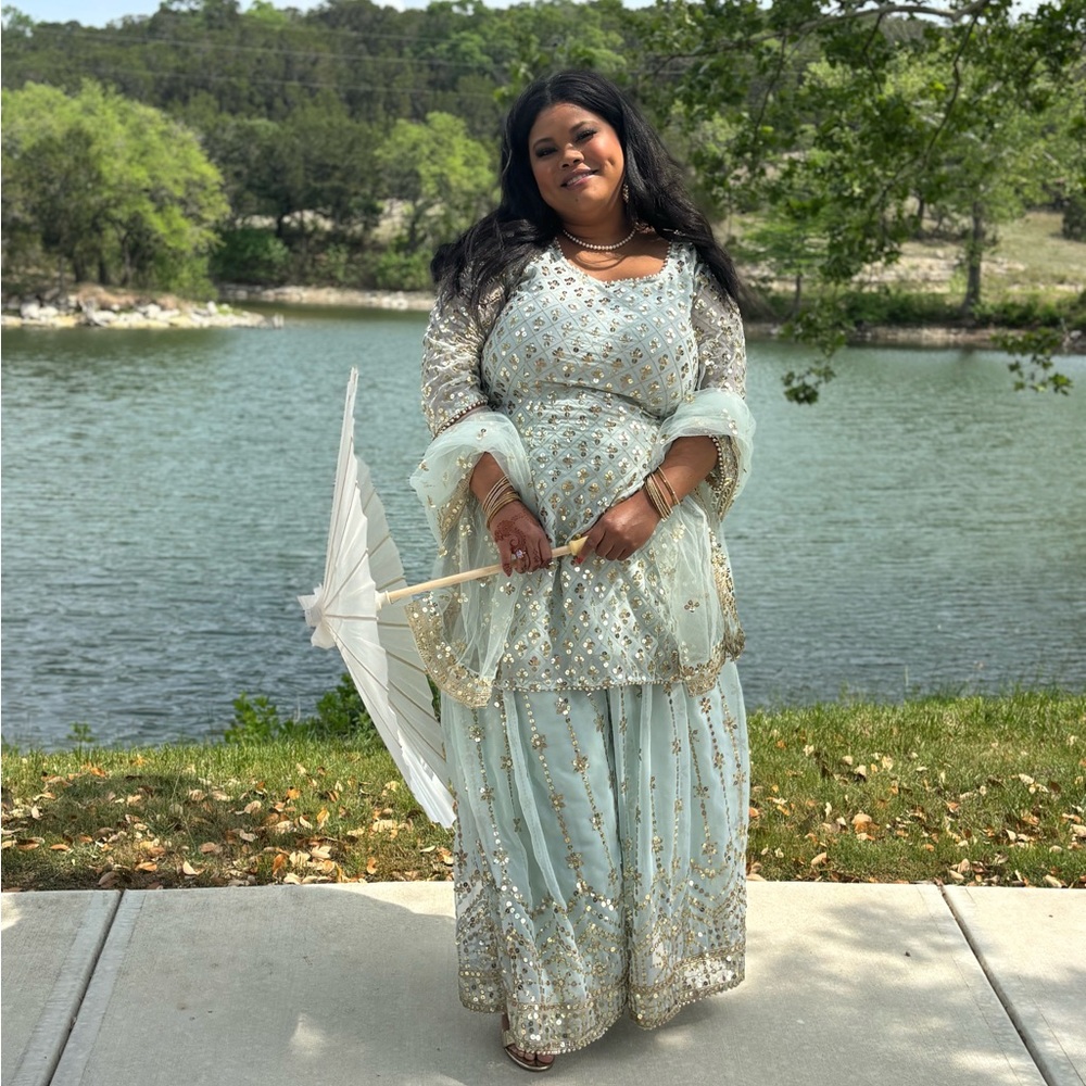 Elegant Light Blue and Gold Embellished Dress